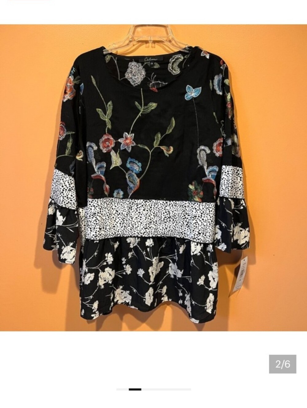 Size 1X Black White Embroidered Mixed Media Bell Sleeve Women’s Top